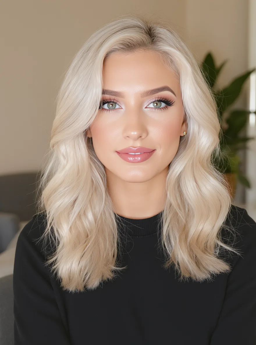 Wavy Long Platinum Blonde Layers with Side-Swept Bangs
